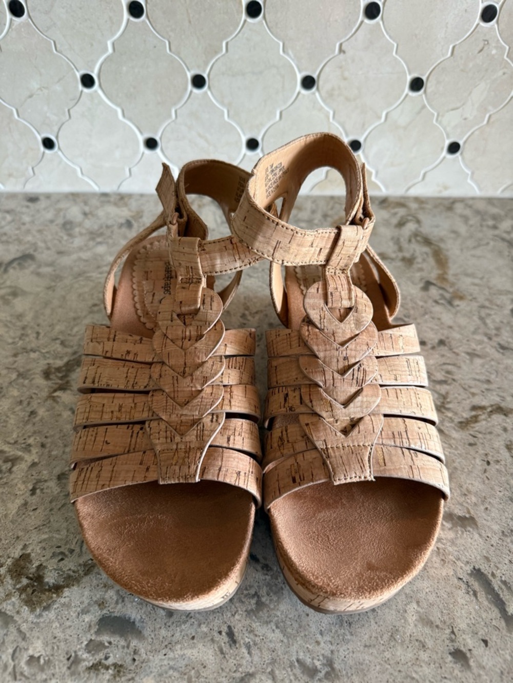 BareTraps Cork-Textured Tan Strappy Heart Accent Sandals